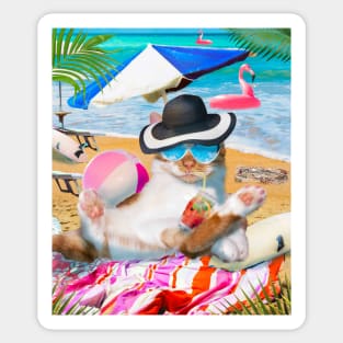 Beach Kitty Cat Wearing Sunglasses Drinking Sticker